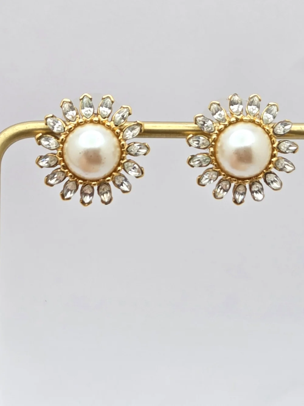Vintage Monet Faux Pearl & Rhinestone Sunburst Stud Earrings | Gold Tone Pierced